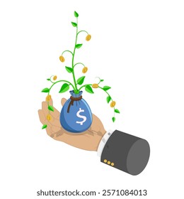 3D Isometric Flat Vector Illustration of Hands Holding Money in Various Forms, Coins, Banknotes, and Cash. Item 3