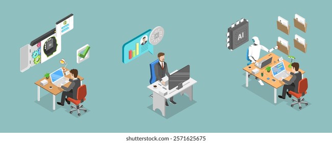 3D Isometric Flat Vector Illustration of Human Resources and AI, HR Managment Automation