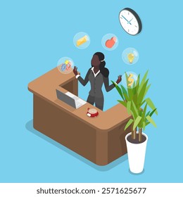 3D Isometric Flat Vector Illustration of Woman Receptionist Job, Secretary Occupation As A Professional Assistant In An Office