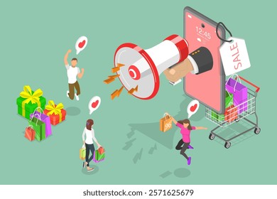 3D Isometric Flat Vector Illustration of Sale Announcement, Online Shopping