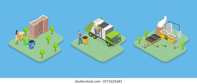 3D Isometric Flat Vector Illustration of Waste Management, Municipal Rubbish Service