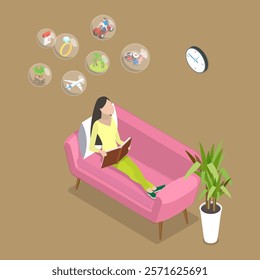 3D Isometric Flat Vector Illustration of Reading Lover, Grow Creative Imagination