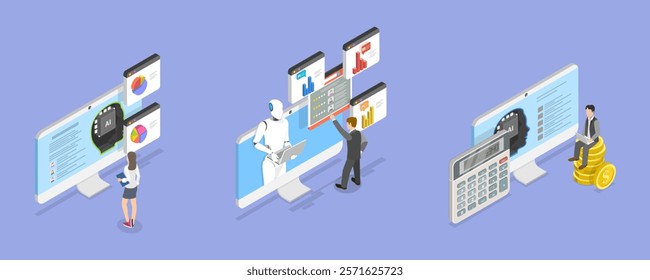 3D Isometric Flat Vector Illustration of AI In Human Resources , Robot HR Manager