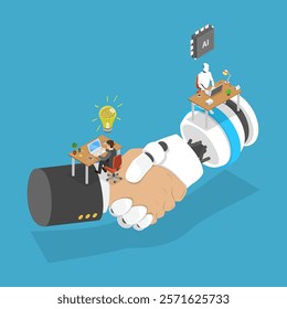 3D Isometric Flat Vector Illustration of Successful Human and AI Teamwork, Enhancing Work With Robot Assistance And AI Technology For Successful Results