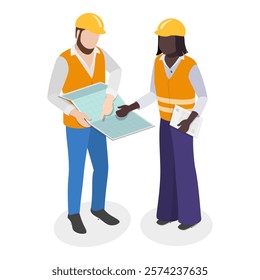 3D Isometric Flat Vector Illustration of Workers Construction Engineers, Construction Architects in Helmets with Tools and Blueprints.. Item 1