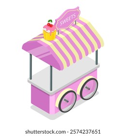 3D Isometric Flat Vector Illustration of Sweets and Ice Cream Wagons, Sweet Treats on Wheels. Item 1