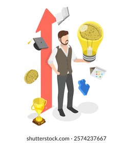 3D Isometric Flat Vector Illustration of Personal Growth, Development of Self-improvement Through Introspection, Reflection, and Education. Item 1