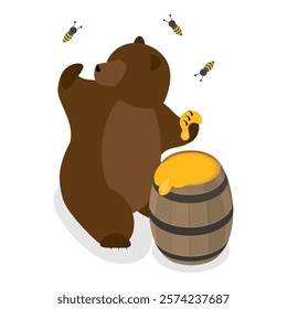 3D Isometric Flat Vector Illustration of Bear Eating Honey, Sticky Nectar on the Paw. Item 1