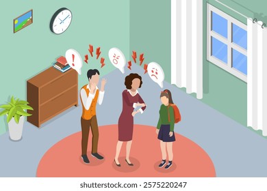 3D Isometric Flat Vector Illustration of Children Misunderstanding with Their Families, Scandal at Home