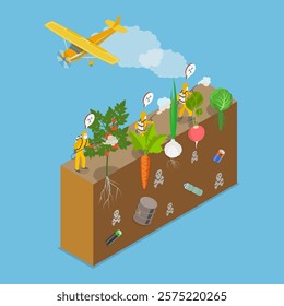 3D Isometric Flat Vector Illustration of Vegetables In Toxic Polluted Soil, Spraying Insecticides And Pesticides