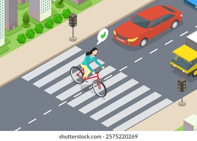 3D Isometric Flat Vector Illustration of Zebra Markup, Urban Commuter Businessman Rides Bicycle To Work In The City