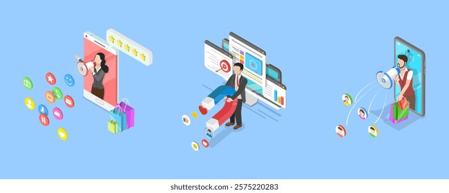 3D Isometric Flat Vector Illustration of Internet Marketing, Online Advertising Campaign