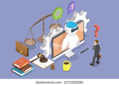 3D Isometric Flat Vector Illustration of Online Legal Advice, Artificial Intelligence Technology