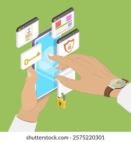 3D Isometric Flat Vector Illustration of Online Account Security, Biometric Authentication with Fingerprint Scanning or Facial Recognition