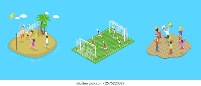 3D Isometric Flat Vector Illustration of Sport Team Mates, Student Sport Classes