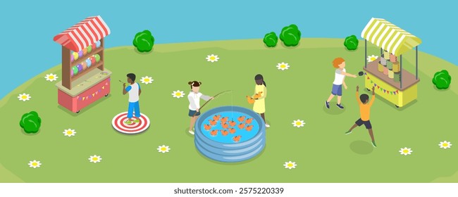 3D Isometric Flat Vector Illustration of Outdoor School Fair Games, Playground Entertainment