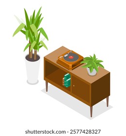 3D Isometric Flat Vector Illustration of Retro Style Apartment, Cozy Home. Item 3
