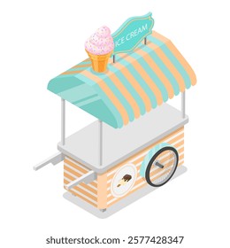 3D Isometric Flat Vector Illustration of Sweets and Ice Cream Wagons, Sweet Treats on Wheels. Item 2