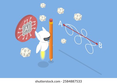 3D Isometric Flat Vector Illustration of Shortest Distance To Goal, Using AI to Solve a Problem