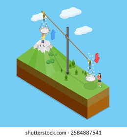 3D Isometric Flat Vector Illustration of Atmospheric Pressure, Different Altitudes, Comparing Lower And Higher Levels