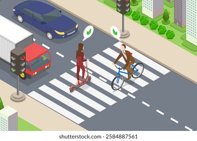 3D Isometric Flat Vector Illustration of Crosswalk With Zebra, Business People On Electric Scooter or Bicycle On Their Way To Work