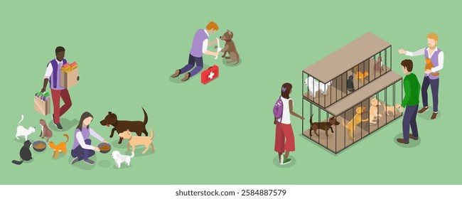 3D Isometric Flat Vector Illustration of Pet Adopting, Compassionate Individuals Assist Animals In Need