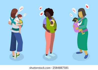 3D Isometric Flat Vector Illustration of Mothers Caring Childs in Baby Sling, Motherhood and Parenting