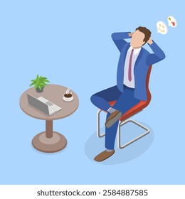 3D Isometric Flat Vector Illustration of Boss Character, Serene Businessman Relaxing On Rolling Office Chair