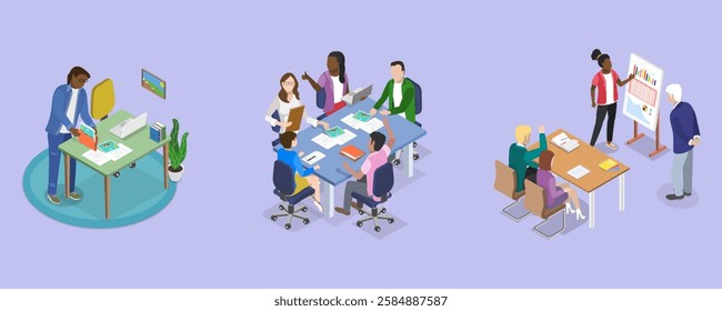 3D Isometric Flat Vector Illustration of Parent-teacher Meeting, Depicting Student-Led Conferences