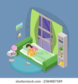 3D Isometric Flat Vector Illustration of Preparing to Sleep, Young Boy Getting Ready For Bedtime In His Bedroom.