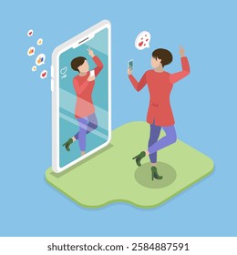 3D Isometric Flat Vector Illustration of Selfie Culture, Internet and Gadget Addiction Addiction