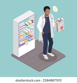 3D Isometric Flat Vector Illustration of Pharmacy, Concept Of Pharmacy And Drug Sales In The Market