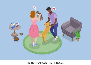 3D Isometric Flat Vector Illustration of Animal Lovers, Happy and Appreciating Pet Owners