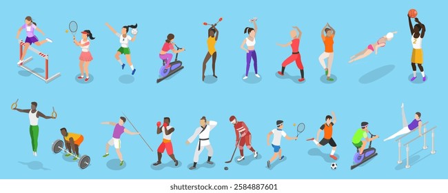 3D Isometric Flat Vector Illustration of Sports People, Athletic Sports With Balls And Rackets - A Dynamic Combination