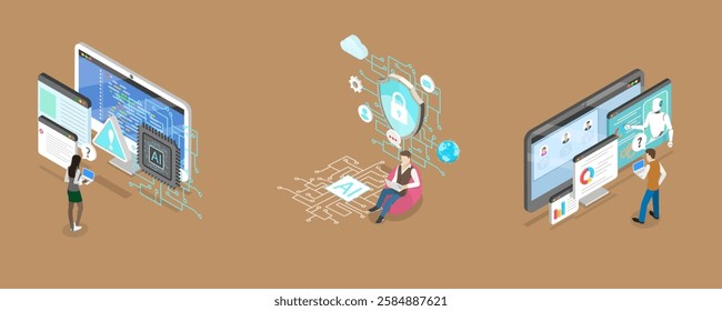3D Isometric Flat Vector Illustration of AI Security Threats, AI-powered Cybersecurity