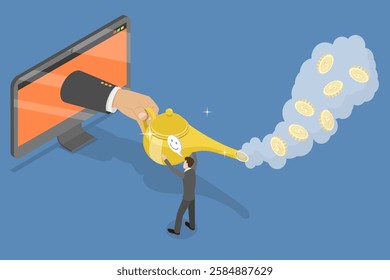 3D Isometric Flat Vector Illustration of Investment Growth, Businessman Rubbing Magic Lamp and Tetting Money Instantly