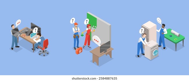 3D Isometric Flat Vector Illustration of Repair Services, Maintenance Workers