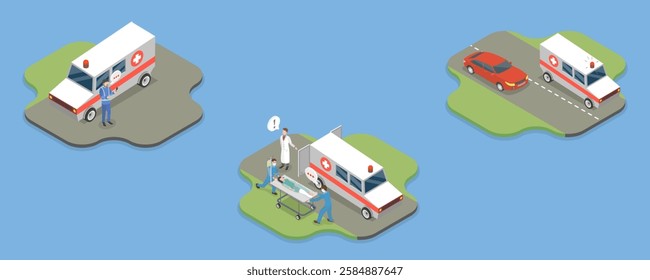 3D Isometric Flat Vector Illustration of Ambulance Vehicle, Emergency Patient Transportation