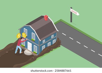 3D Isometric Flat Vector Illustration of Home Loan Refinancing, Man Drags House to Bank