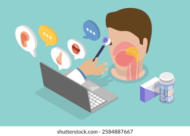 3D Isometric Flat Vector Illustration of ENT, Conducting Online Examination of Ears, Nose and Throat