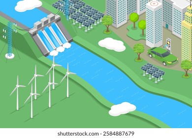 3D Isometric Flat Vector Illustration of Sustainable Energy Generation, Sustainable Resources For Modern Energy Technologies
