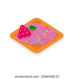 3D Isometric Flat Vector Illustration of Homemade Pastry, Assorted Belgian Waffles with Fresh Berries, Cream, and Icecream. Item 1