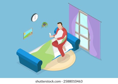 3D Isometric Flat Vector Illustration of Waking Up With Smartphone, Man Relaxing On Bed With a Gadget