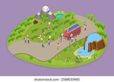 3D Isometric Flat Vector Illustration of School Field Trip, Student Excursion Scene