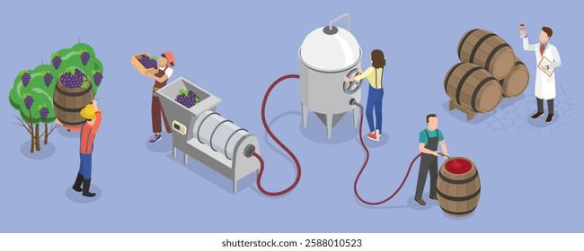 3D Isometric Flat Vector Illustration of Wine Production Process , Winery Operations