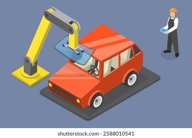 3D Isometric Flat Vector Illustration of Robotic Glass Installation, Smart Factory