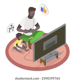 3D Isometric Flat Vector Illustration of Playing With Dad, Fatherhood, Daddy Super Hero. Item 4