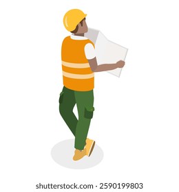 3D Isometric Flat Vector Illustration of Workers Construction Engineers, Construction Architects in Helmets with Tools and Blueprints.. Item 3