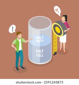 3D Isometric Flat Vector Illustration of Optimist And Pessimist, Half Full and Half Empty Glass