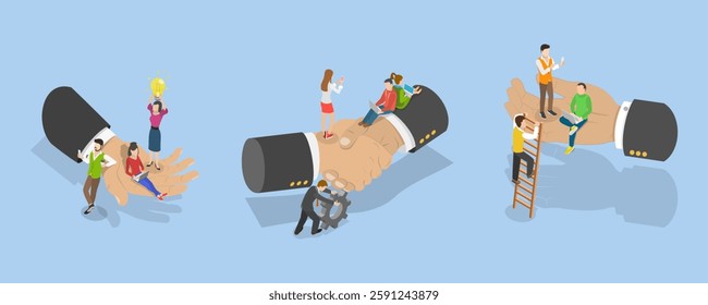3D Isometric Flat Vector Illustration of Employees Wellbeing and Support, Loyalty to Team